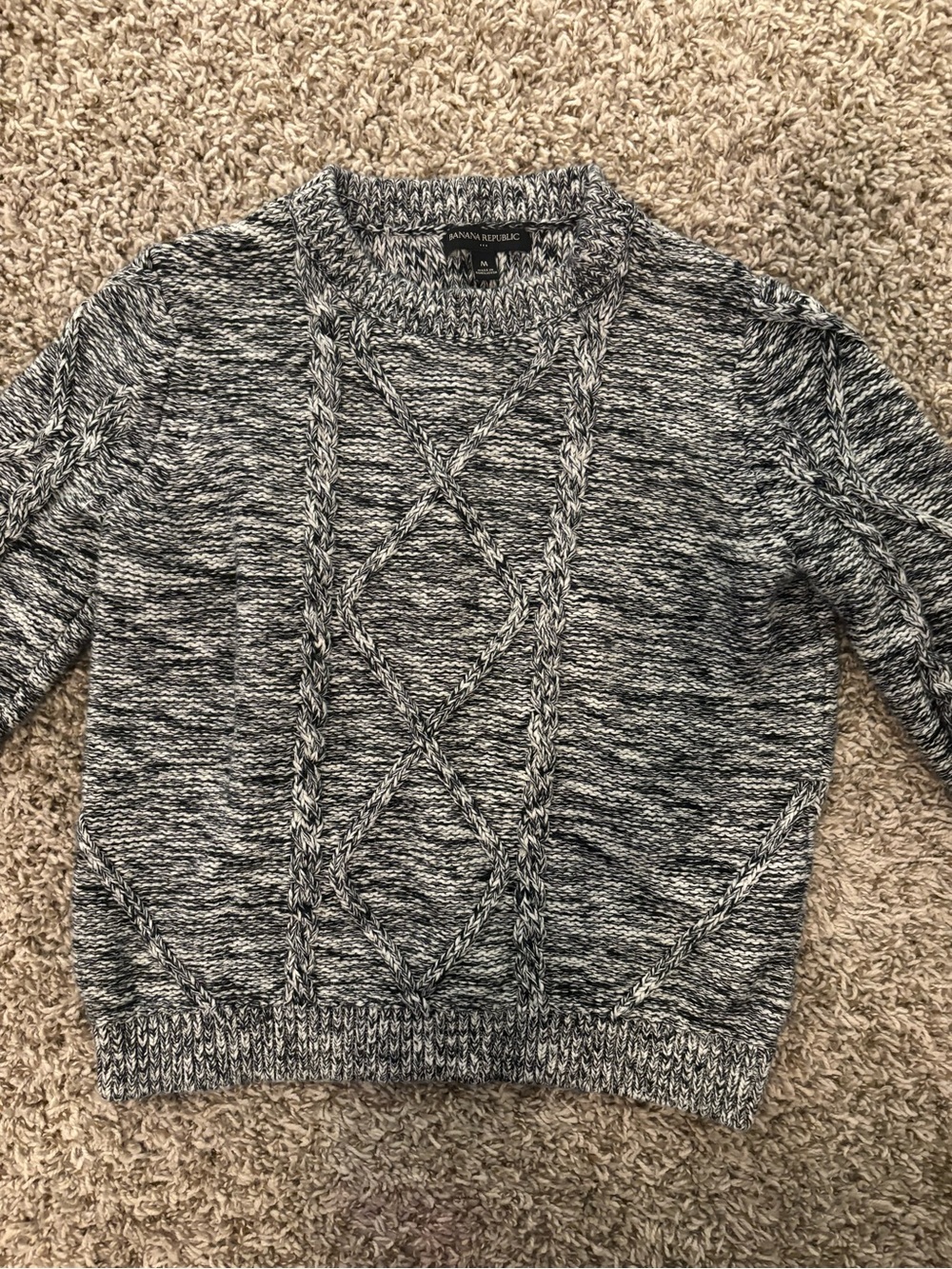 Banana Republic Men's Marled Black & White Cable Crewneck Sweater